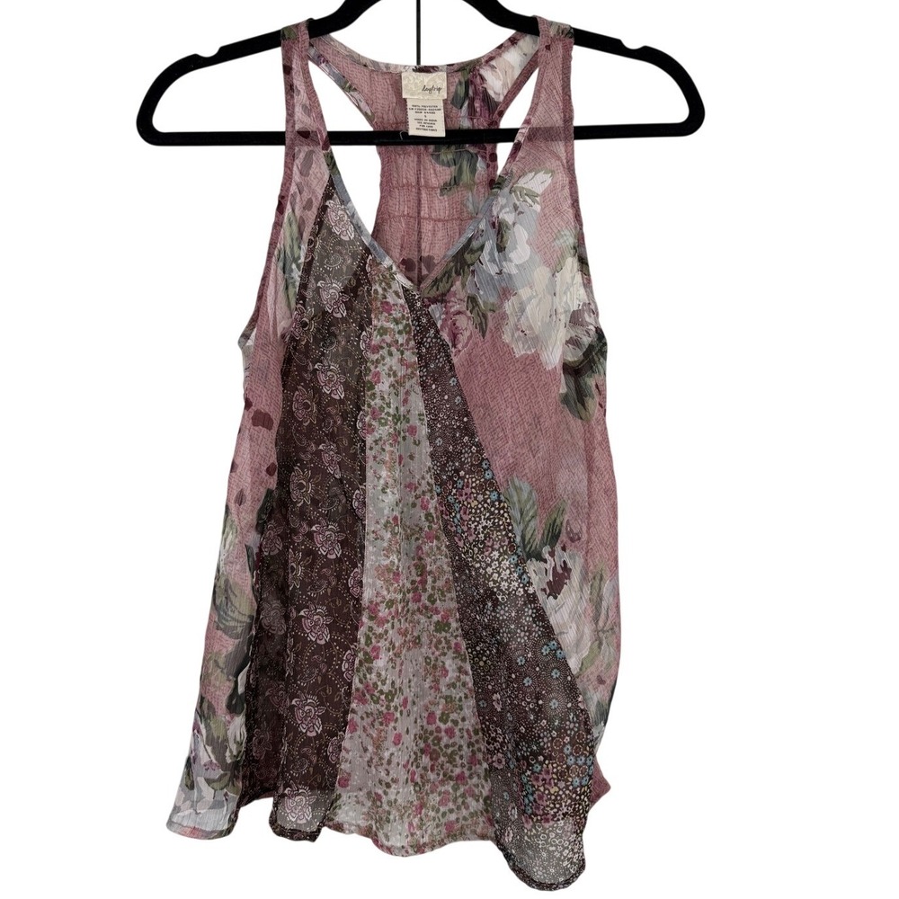 Daytrip Mixed Floral Leopard Print Racerback Tank Top Sheer Boho Glam Pink Small